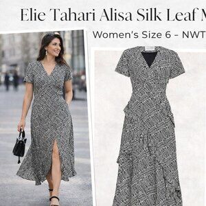 Elie Tahari Pure Silk Leaf Print Alisa Midi Dress 10 NWT Designer Chic Office